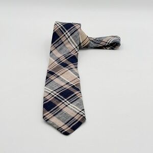 Lord & Taylor Mens Navy Blue Tan Plaid Indian Madras Cotton Necktie Tie Party